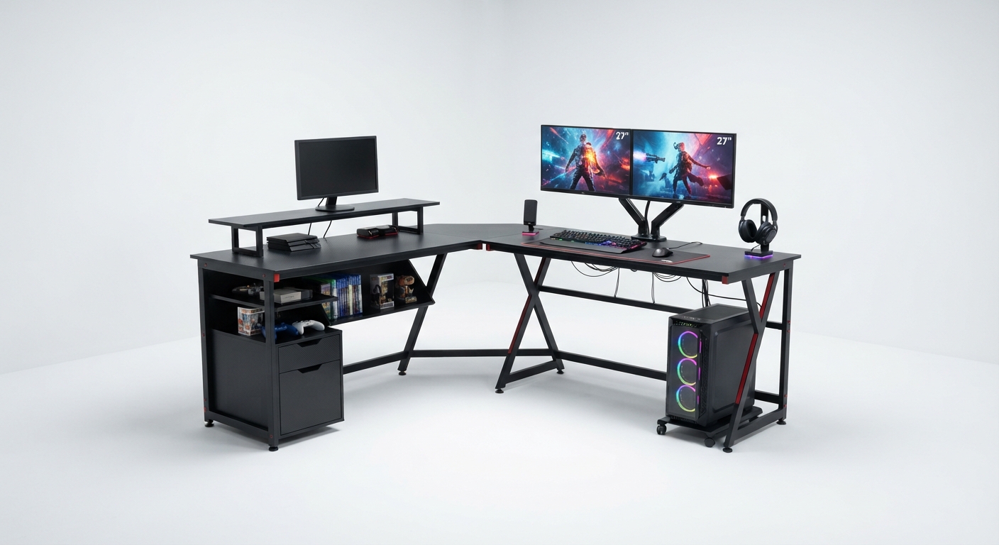 Escritorio Gaming en Forma de L con Estante de Almacenamiento Reversible