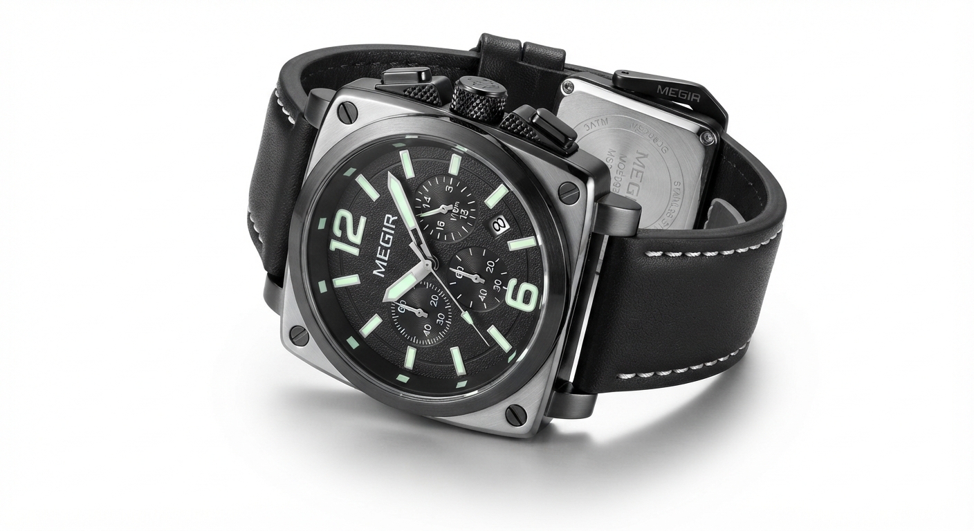 Reloj MEGIR Negro Lujo Cuarzo Cronógrafo Esfera Cuadrada Luminoso