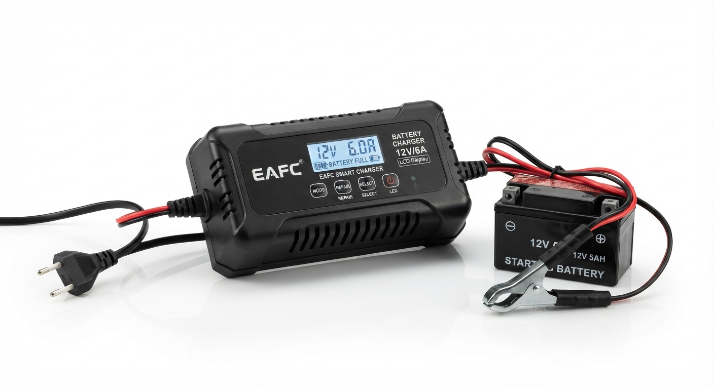 Cargador Batería Coche y Moto EAFC 12V/6A con Pantalla LCD