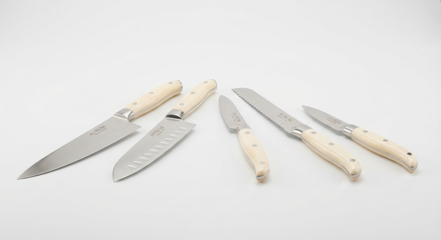 Set 6 Cuchillos KROWN con Sierra, Chuleteros y Cocina, Mango Marfil