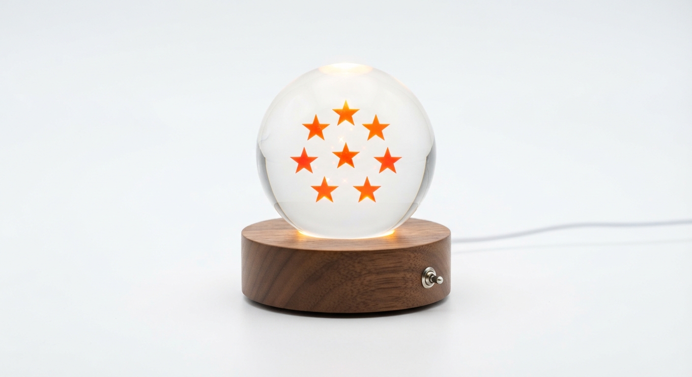 Lámpara LED Cristal Dragon Ball Z con Base Madera - Bola 7 Estrellas Luz Nocturna