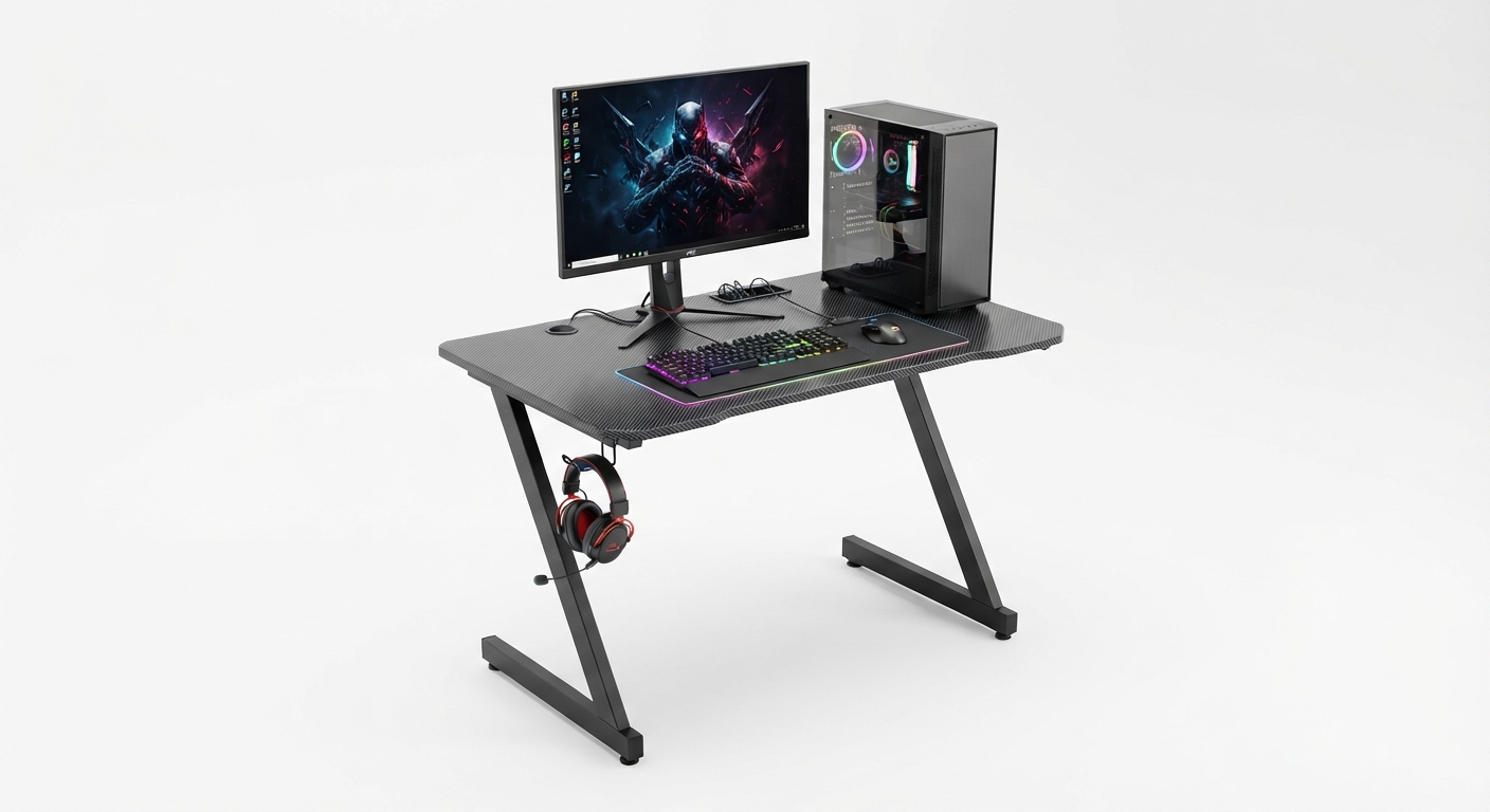 Escritorio Gaming 80x52 cm con Gancho para Auriculares y Acabado Fibra de Carbono