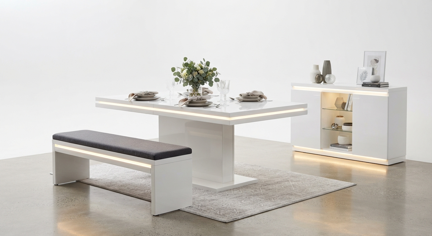 Elegante Mesa de Comedor con Espejo LED, Banco y Almacenamiento en Blanco