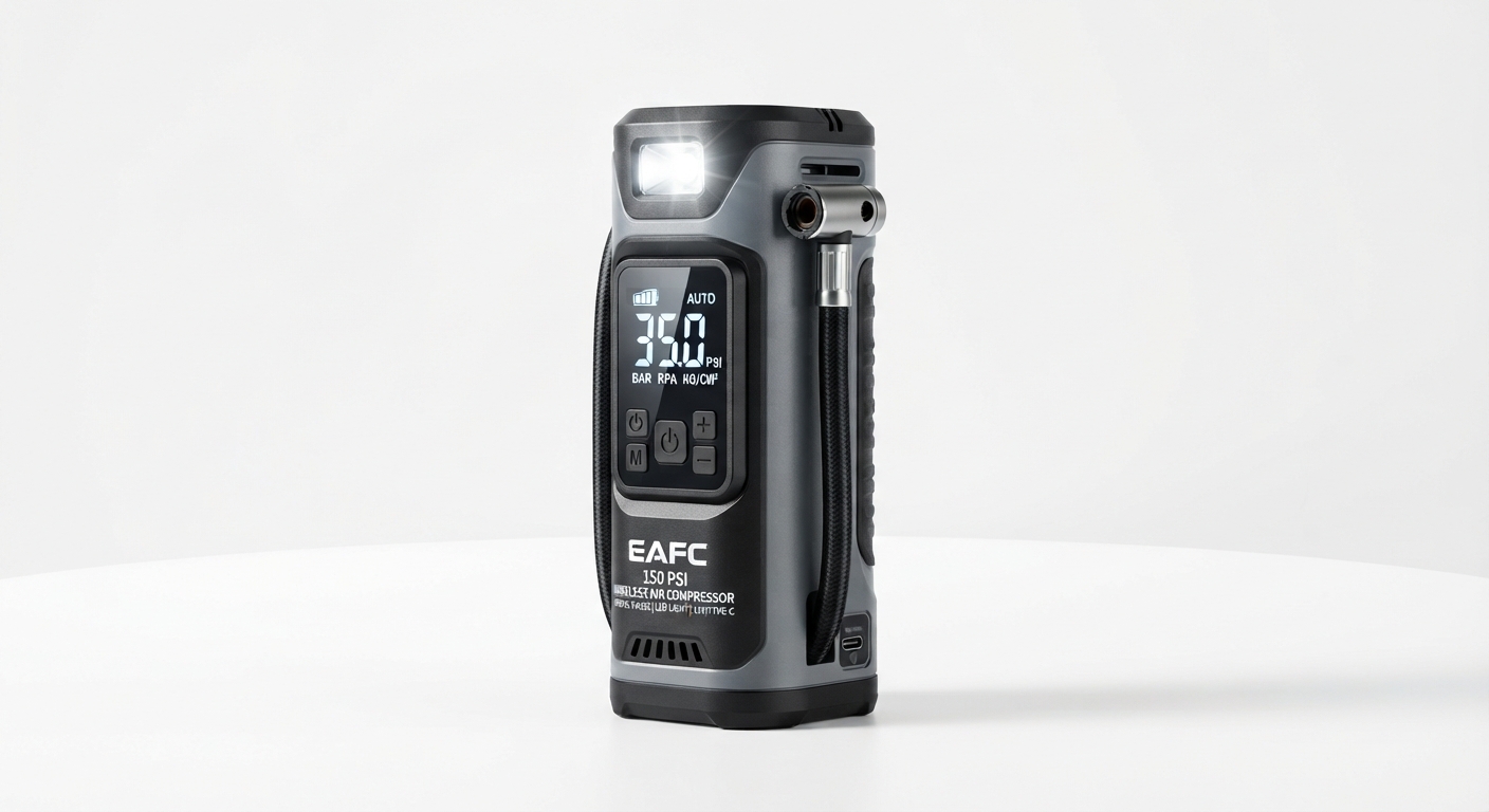 Compresor de Aire Portátil EAFC Inalámbrico 150 PSI con Manómetro Digital y Linterna LED