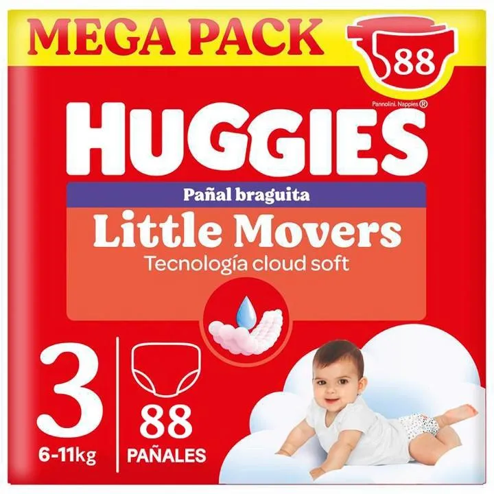 Huggies Little Movers Pants para Bebé - Tallas 3-6 con Doble Barrera Antifuga y Secado Rápido