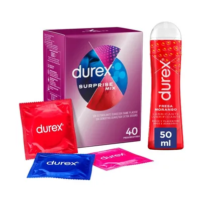 Durex - Surprise Mix 40 Condones Surtidos + Lubricante Fresa 50ml