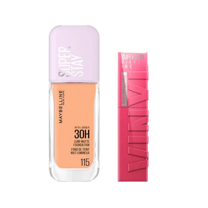 Lote Maybelline: Base Superstay Lumi Matte 30H Tono 115 + Labial Vinyl Ink 16H Tono COY
