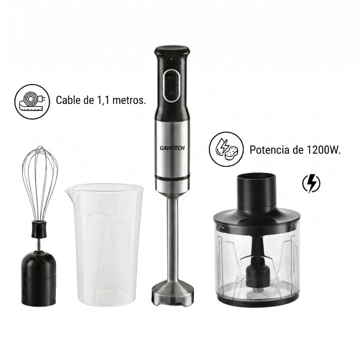 GAVATECH Batidora de Mano 1200W Kit 3 en 1 con Picadora de Titanio