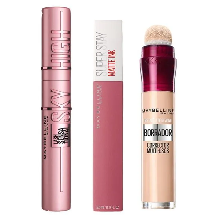 Pack Rutina Labios y Pestañas Maybelline: Labial Superstay Malva Lover + Mascara Sky Black + Borrador Light