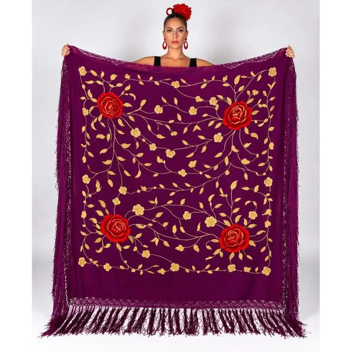 Mantón Flamenco Español Grande Bordado con Flecos Largos