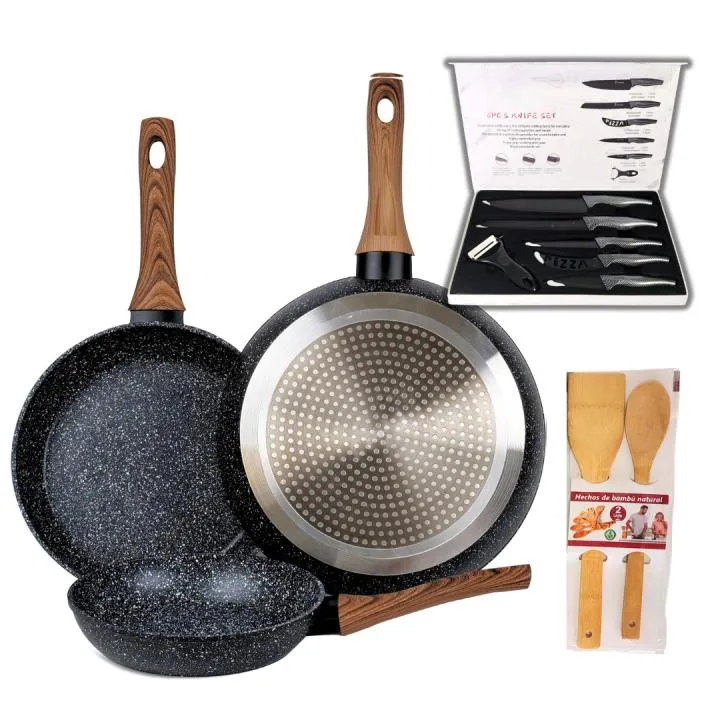 Set 3 Sartenes Aluminio Forjado Antiadherente Mármol 20/24/28cm Inducción Miravia