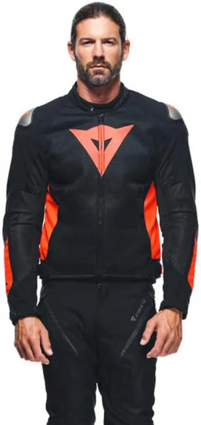 Dainese - Energyca Air Tex Jacket, Chaqueta Moto Hombre de Cordura, Cazadora Moto Resistente a la Abrasión con Forro Cortaviento, con Protección de Hombro Reemplazable, Negro/Rojo