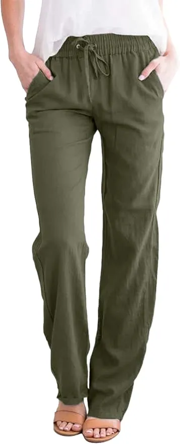 Yuson Girl Pantalones Casuales de Lino y Algodón con Cintura Alta Elástica para Mujer