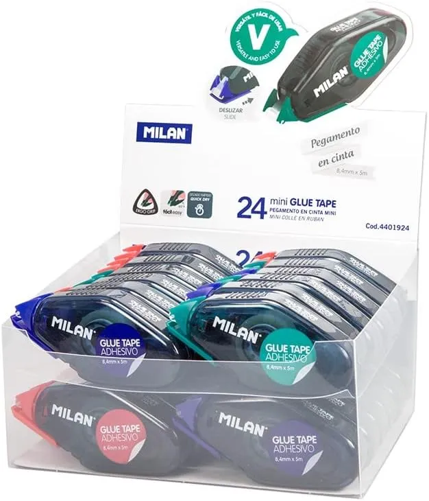 Caja Expositora 24 Pegamento en Cinta Compacto MILAN® 8,4 mm x 5 m