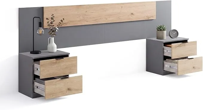 Conjunto Cabecero Akari con 2 Mesitas y 4 Cajones en Gris y Roble
