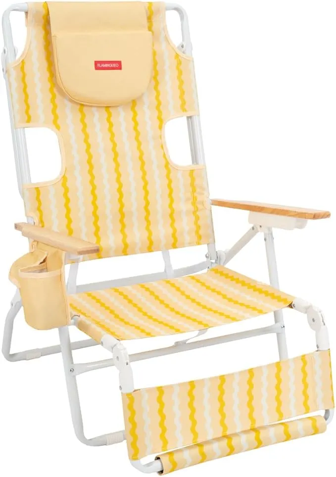 Flamingueo Silla Playa Plegable - Reclinable 5 Posiciones - Agujero Cabeza y Brazos - Reposapiés 3 Posicones - Asas Mochila - Bolsillo Insulado y Posavasos - Aluminio y Poliéster - Amarillo