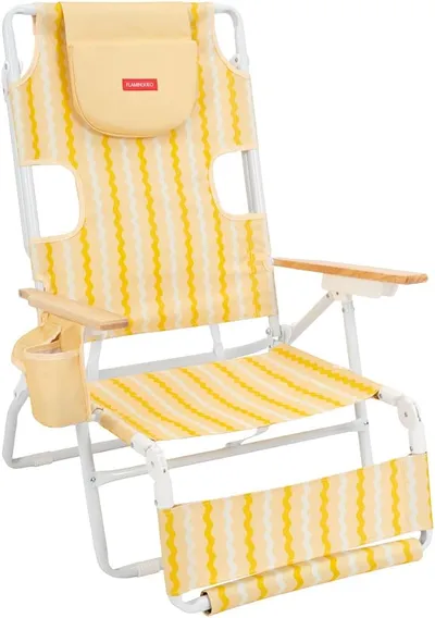 Flamingueo Silla Playa Plegable - Reclinable 5 Posiciones - Agujero Cabeza y Brazos - Reposapiés 3 Posicones - Asas Mochila - Bolsillo Insulado y Posavasos - Aluminio y Poliéster - Amarillo