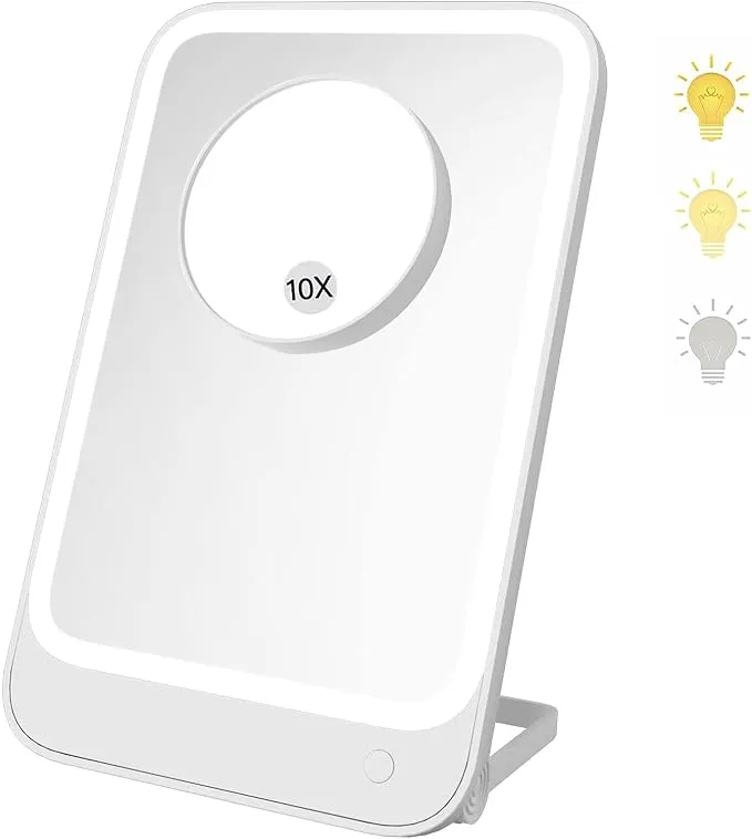 Espejo de Maquillaje LED Portátil Recargable con 3 Luces Ajustables y Aumento 10x