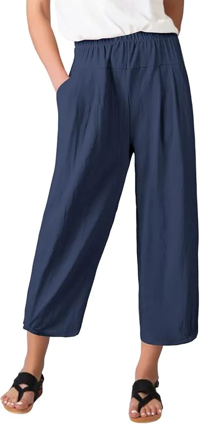 TOMEEK Pantalones Mujer de Lino Cómodo Anchos 3/4 Con Bolsillos Capri de Cintura Alta Elásticos de Algodón Fluidos Verano