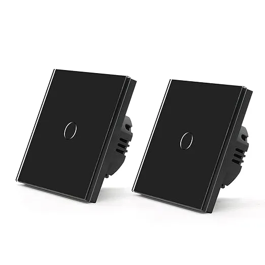 BSEED Interruptor Tactil luz pared,Vidrio Panel con luz Piloto,Sin Función Wifi,1 Gang 1 VÃa - 2 Paquetes,86mm Negro