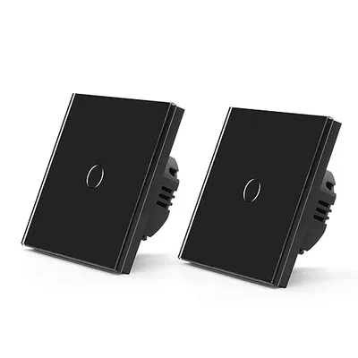 BSEED Interruptor Tactil luz pared,Vidrio Panel con luz Piloto,Sin Función Wifi,1 Gang 1 Vía - 2 Paquetes,86mm Negro