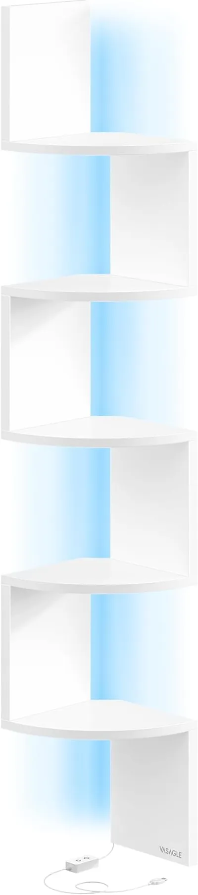 VASAGLE Estantería de Esquina de Pared con Iluminación LED, Librería Esquinera de 5 Niveles, Estante Flotante para Dormitorio, Salón, Baño, con Botón y Control Remoto, Blanco Mate LBC630W01