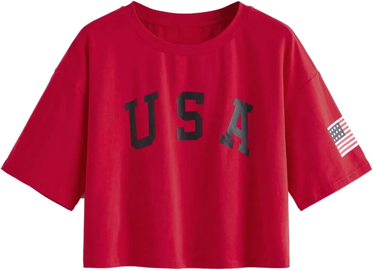 Camiseta con diseño de bandera y letras para mujer