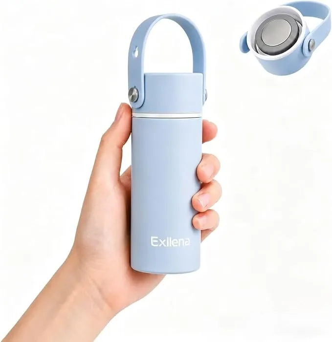 Exllena Termo Pequeño 200ml - Botella Térmica Portátil con Asa de Silicona (Azul Cielo)