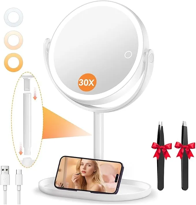Auxmir Espejo de Maquillaje con Luz LED y Aumento 30X Recargable