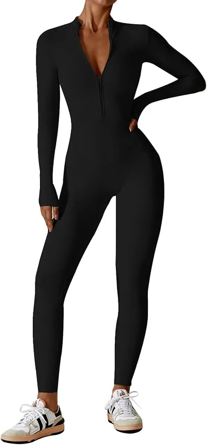 ECUPPER Mono Deportivo Ajustado Cremallera Yoga Gym Negro Manga Larga