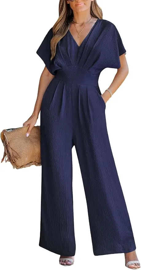 CUPSHE Mono de Verano Mujer Escote V Pierna Ancha Casual Azul Navy