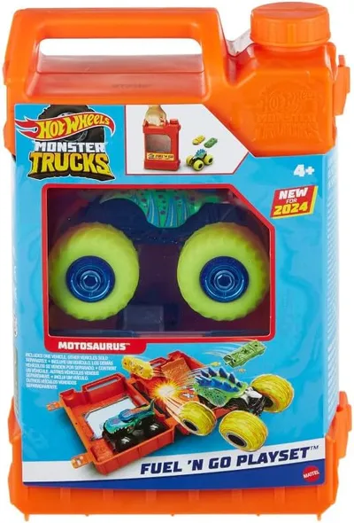 Hot Wheels Monster Trucks Reposta y arranca Pista para coches de juguete con forma de bidón de gasolina, incluye 2 vehículos, + 4 años (HXT04)