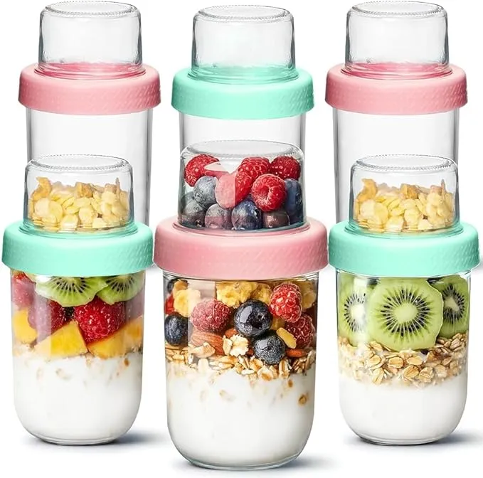 ComSaf Pack 6 Vasos para Yogur y Cereales 480ml con Compartimento 120ml