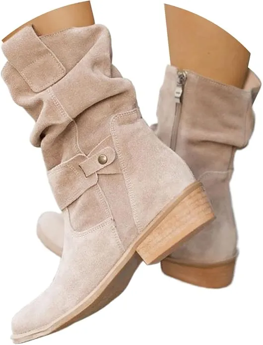 Botines de Ante Sintético Mujer Tacón Bajo Cremallera Beige