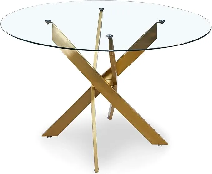 Mesa de comedor redonda Menzzo con patas de metal cepillado y cristal transparente