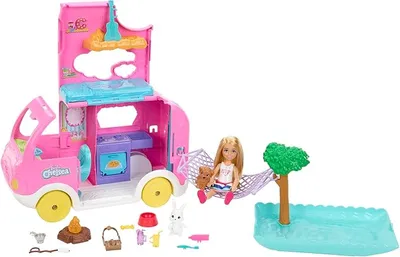 Barbie Chelsea con Furgoneta Camper Muñeca con Coche de Juguete Autocaravana y Accesorios, +3 años (Mattel HNH90)