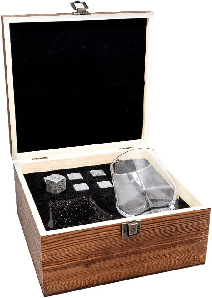 Vin Bouquet Fia 1366 Set de Whisky con Piedras Enfriar y Copas de Cristal en Caja de Madera
