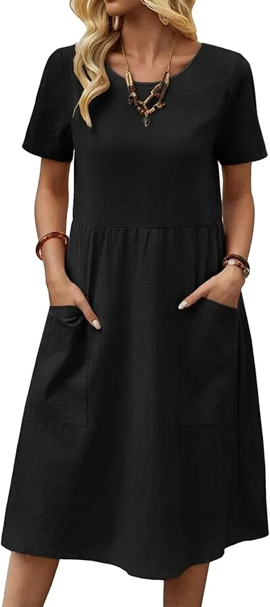 Zeagoo Vestido de Verano para Mujer de Lino Informal Manga Corta Cuello Redondo