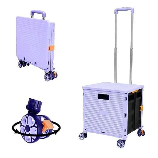 Carro Plegable con Mango telescópico de plástico Resistente 4 Ruedas giratorias para Viajes, Compras, mudanza, Equipaje, Uso en la Oficina (Morado)