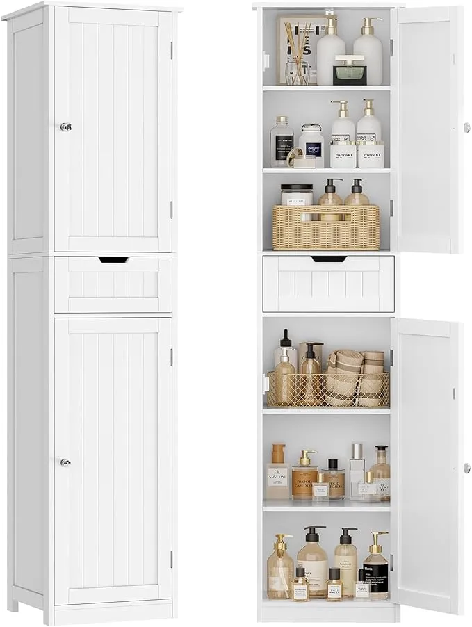 TEENFON Mueble de Baño Estrecho Alto con Cajón y Puertas, Blanco