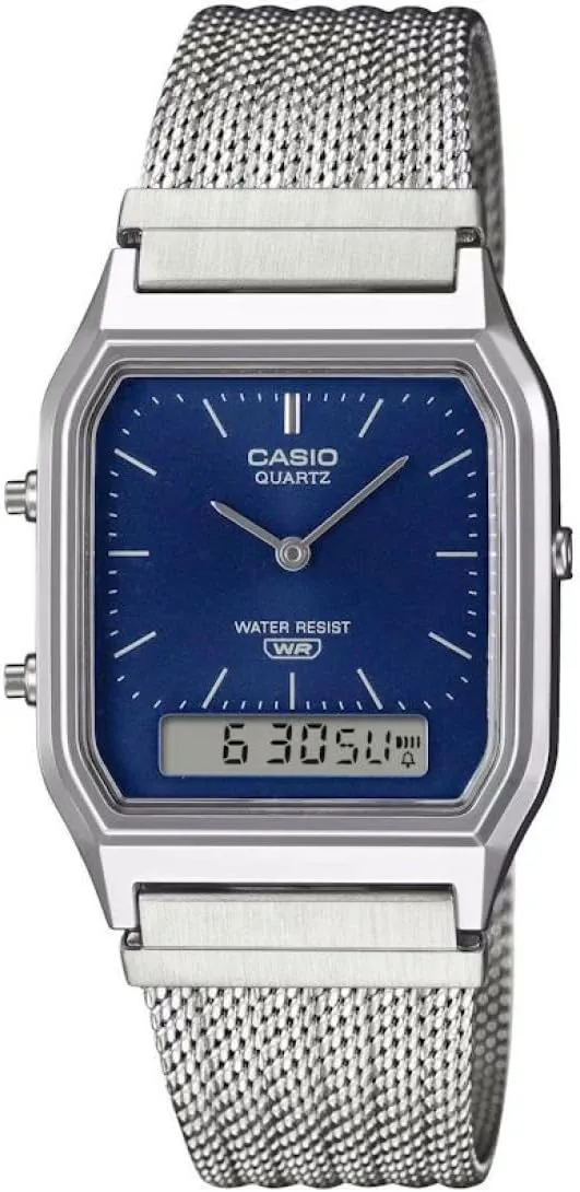 Reloj Casio AQ-230EM-2A con Esfera Cuadrada y Malla de Acero