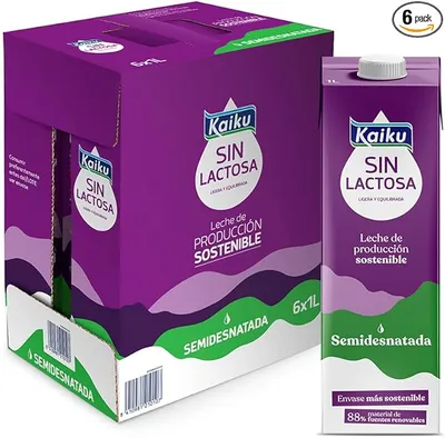 Kaiku Sin Lactosa - Leche Sin Lactosa, Semidesnatada UTH, de Producción Sostenible, con Vitaminas A, D y E, con Ácido Fólico - Pack 6 x 1 L