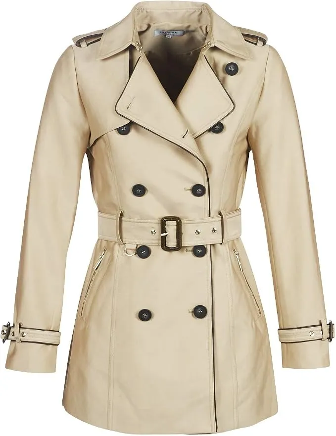 Morgan Gabardina Recta Abotonada con Cinturón Beige