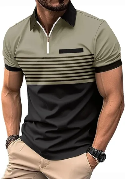 Polo NLAND de Manga Corta con Cremallera y Rayas para Hombre