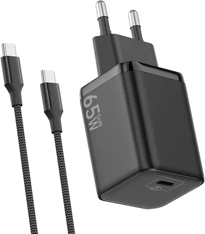 Cargador USB C 65W, Carga Rápida PD3.0 PPS Adaptador Portátil GAN II con Cable USB C Trenzado 2M