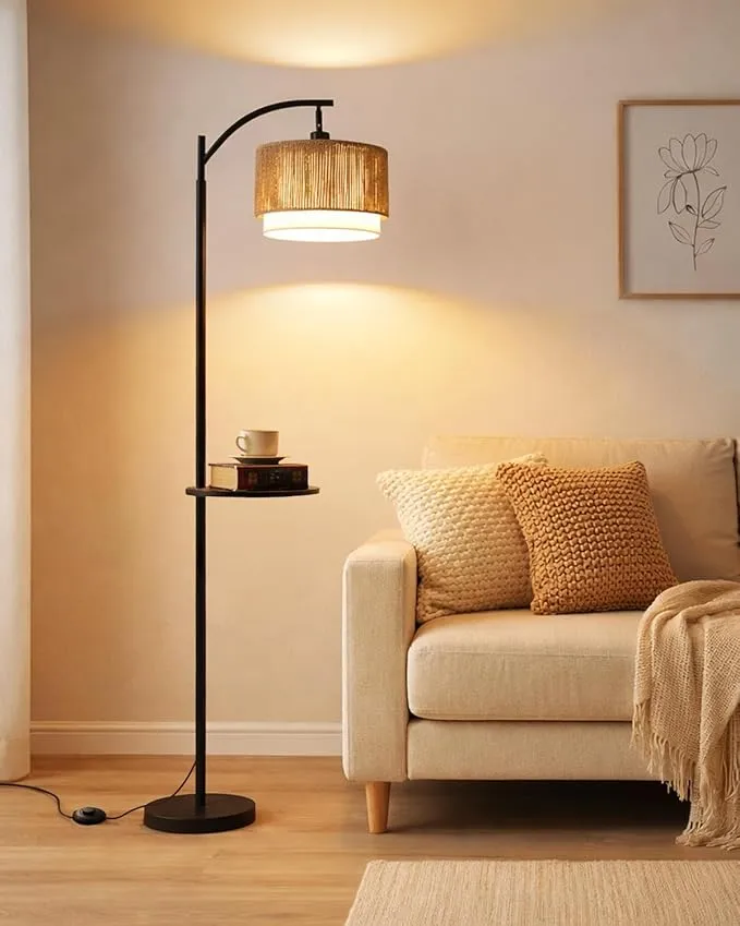Lámpara de Pie Ratán Wio-Mio con Mesa Integrada y Pantalla Doble Boho Negra