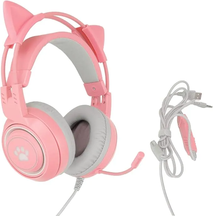 Elprico Auriculares Gaming Oreja de Gato Desmontable USB 3.5mm Micrófono Silenciado Rosa