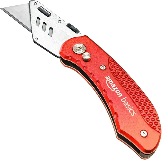 Amazon Basics Cuchillo plegable y duradero para uso general con cuerpo de aluminio, color rojo
