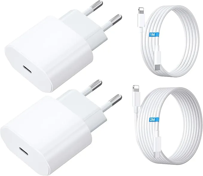 Cargador USB C Dual de 20W con Cable Lighting de 2M + Cable Lighting de 1M