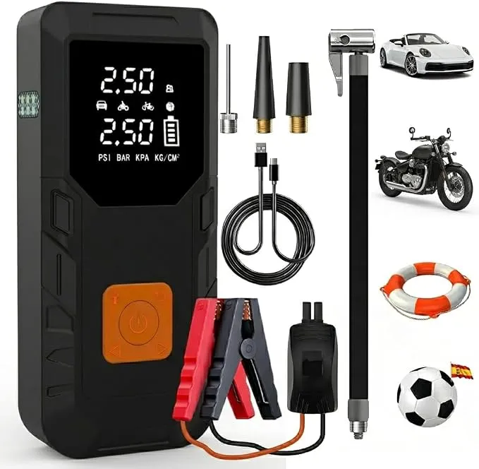 Junsun Arrancador de Baterías Coche 12V con Compresor de Aire y Power Bank 18W